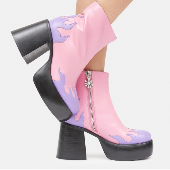 Dolls Kill Shoes - Dolls Kill x Delia Halfpipe Cutie Pink & Purple Flame Platform Boots Size 10